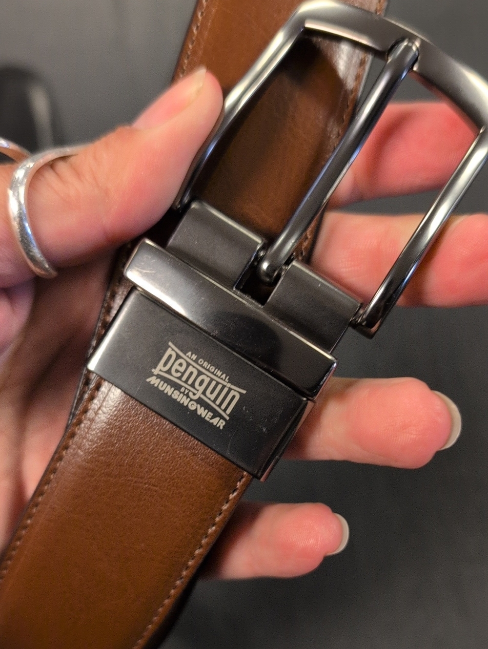 Original Penguin Brown And Black Leather Belt with Gunmetal Hardware